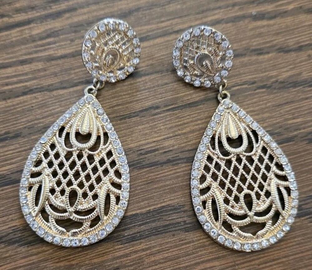 3 Inch Gold Tone Large Heavy Weight Tear Drop Dangle Pierced Rhinestone Earrings